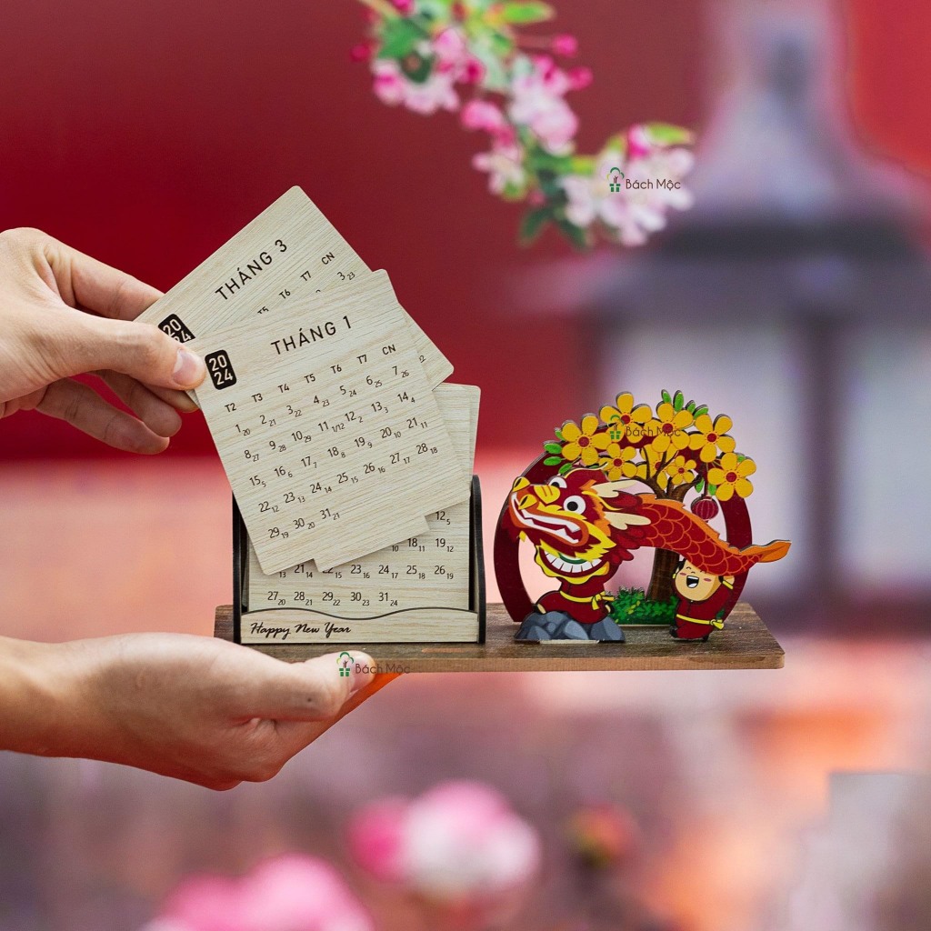 Lịch Gỗ Để Bàn 2024 Làm Từ Gỗ Công Nghiệp Họa Tiết Dễ Thương