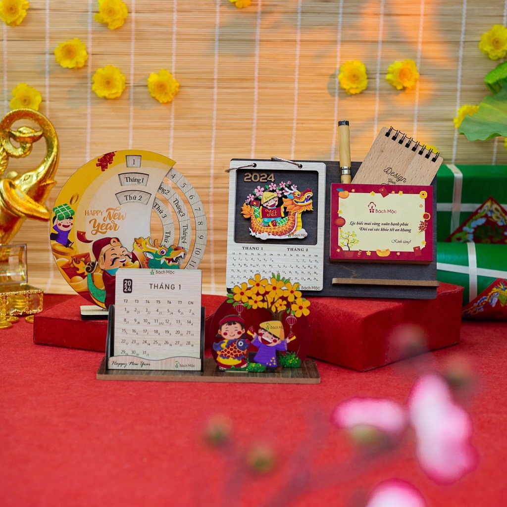 Lịch Gỗ Để Bàn 2024 Làm Từ Gỗ Công Nghiệp Họa Tiết Dễ Thương
