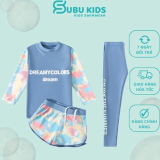 Đồ bơi bé gái tay dài quần dài kín đáo chống nắng, set bơi bé gái 3 món 2 màu xanh hồng