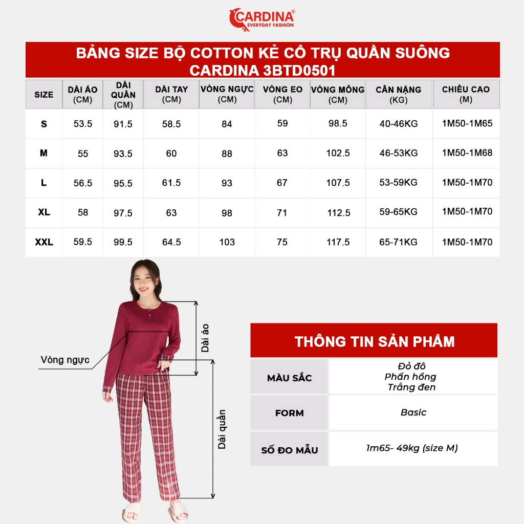 Đồ bộ mặc nhà nữ CARDINA chất liệu cotton cao cấp dày dặn co dãn tốt kiểu dáng hiện đại trẻ trung 3BTD05