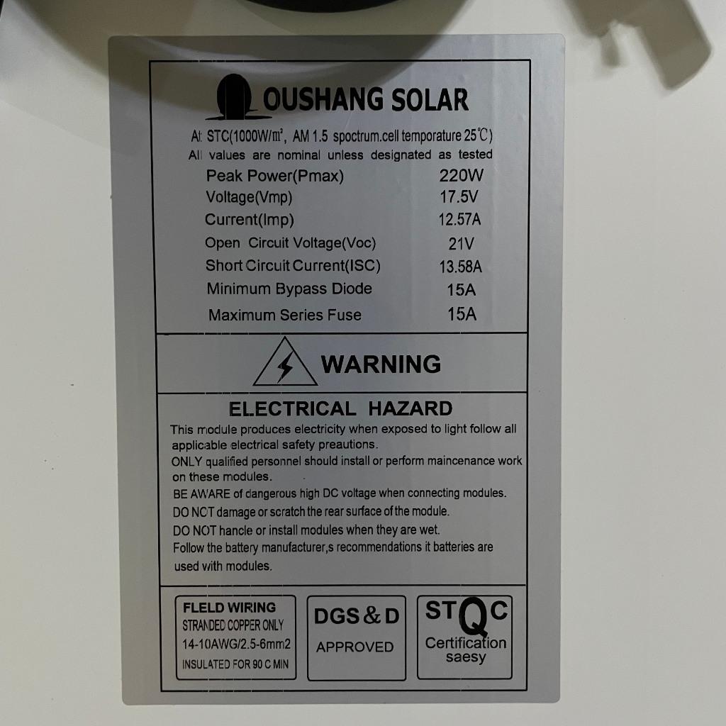 Pin năng lượng mặt trời mono 220w WorldEnergy/Oushang - tặng cặp jack mc4 đơn,