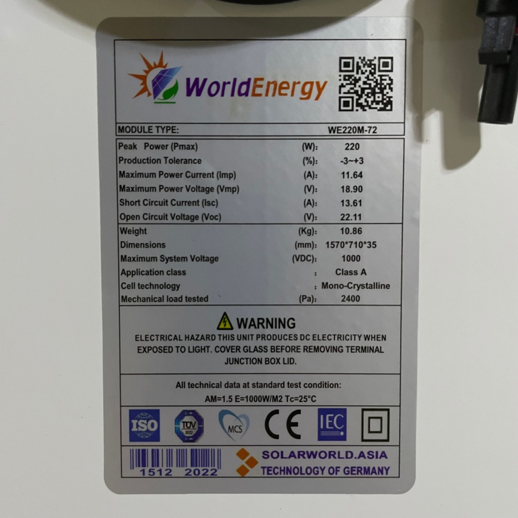 Pin năng lượng mặt trời mono 220w WorldEnergy/Oushang - tặng cặp jack mc4 đơn,
