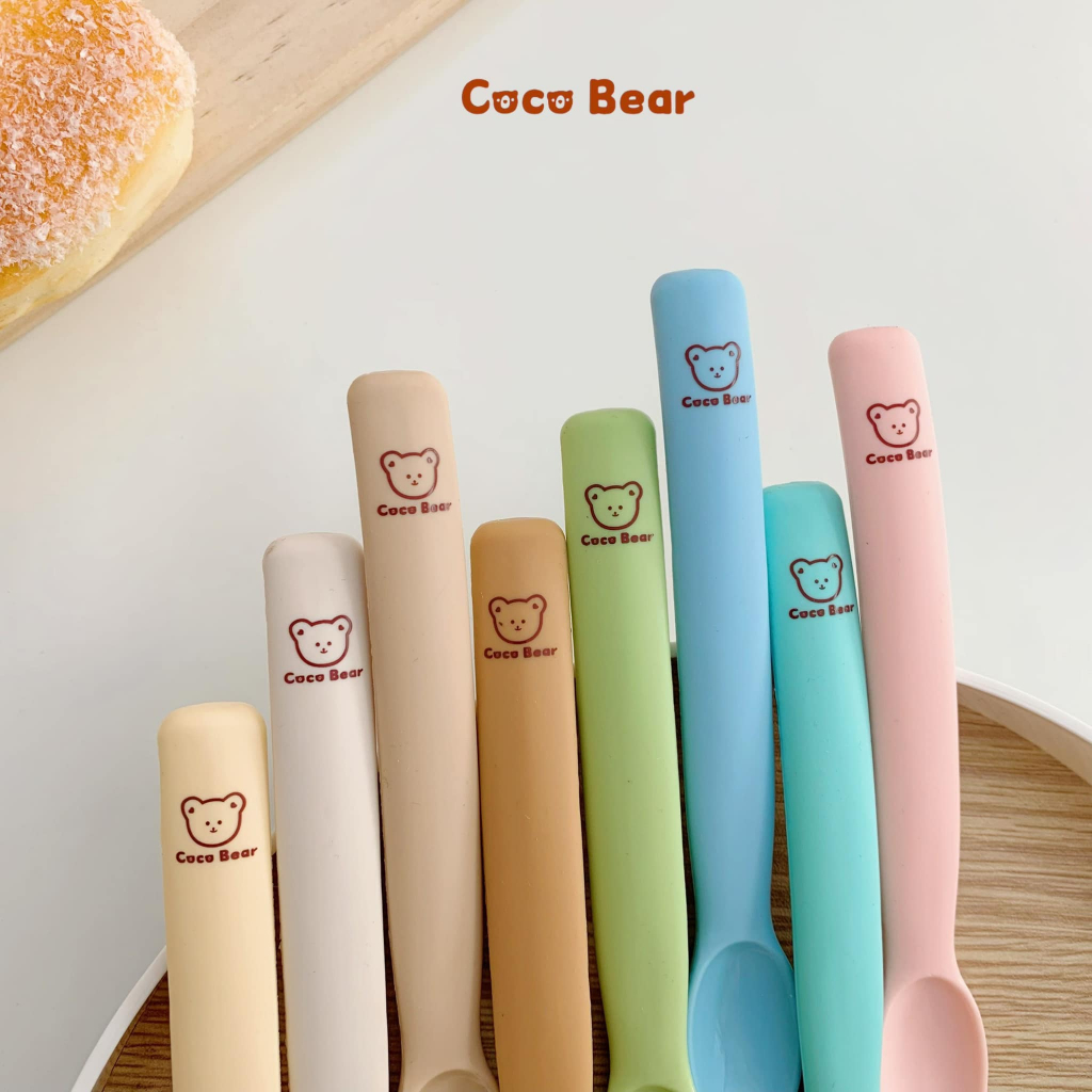Thìa  Ăn Dặm Silicon Coco Bear Phong Cách Hàn Quốc Siêu Mềm Cho Bé Tập Ăn Dặm Có Hộp Tiện Lợi Màu Pastel