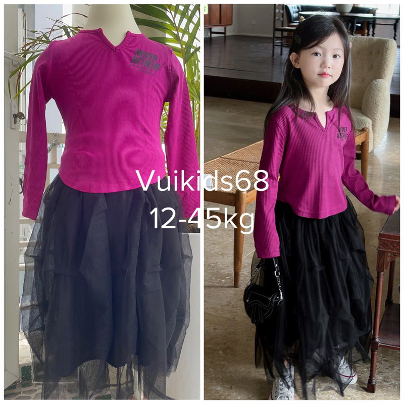 (Ảnh thật) Đầm bé gái. Set  áo dài tay cotton magenta kèm chân váy lưới đen cao cấp 13-45kg