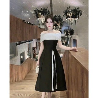 Đầm dài thiết kế thời trang nữ mặc đi tiệc chất for cứng phối ren trắng trễ vai siêu tôn dáng phong cách sang trọng