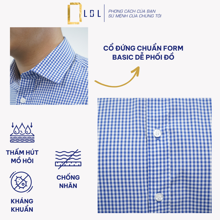 Áo Sơ Mi Nam LDL Cọc Tay Sọc Ô Chất Liệu Cotton hạn chế nhăn nhàu, thấm hút mồ hôi
