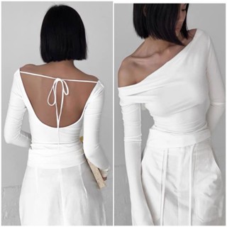   Áo thun lụa mịn  Áo kiểu nữ trễ vai hở lưng sang trọng Unnie Áo hở lưng tay dài sang trọng áo thu đông 