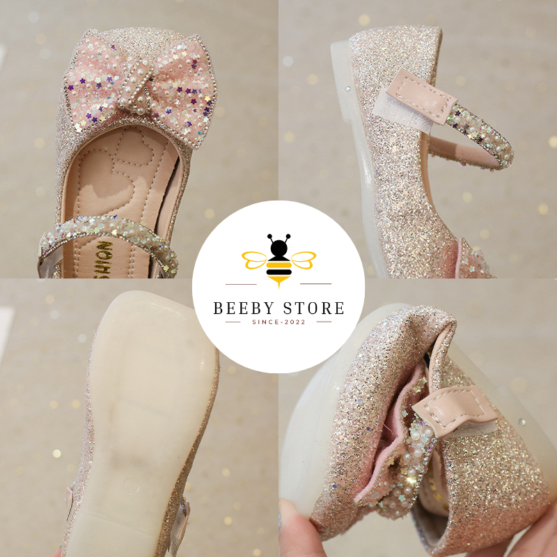 Giày Búp Bê Cho Bé Gái Đính Nơ Kim Tuyến Lấp Lánh, Giày Búp Bê Dạ Hội Dự Tiệc Cho Bé Phong Cách Tiểu Thư