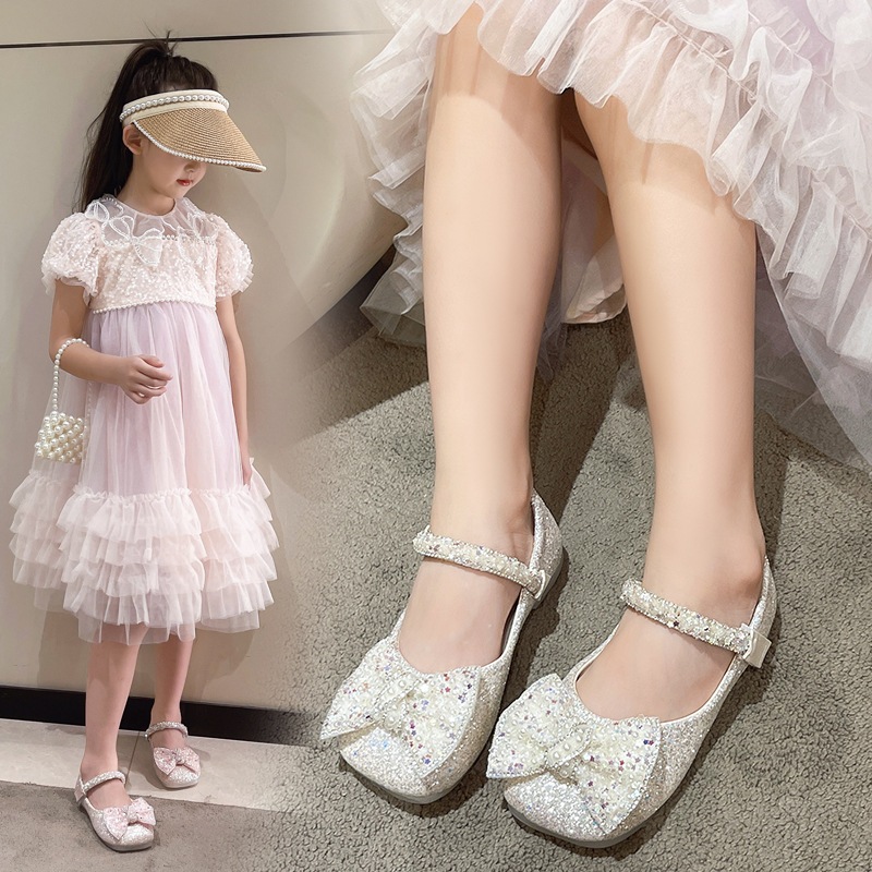 Giày Búp Bê Cho Bé Gái Đính Nơ Kim Tuyến Lấp Lánh, Giày Búp Bê Dạ Hội Dự Tiệc Cho Bé Phong Cách Tiểu Thư