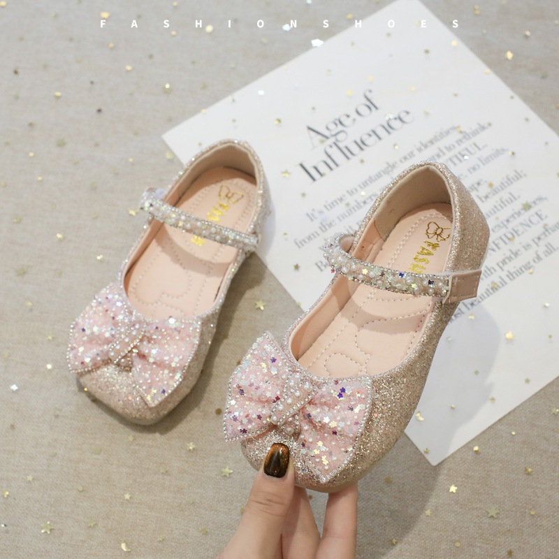 Giày Búp Bê Cho Bé Gái Đính Nơ Kim Tuyến Lấp Lánh, Giày Búp Bê Dạ Hội Dự Tiệc Cho Bé Phong Cách Tiểu Thư