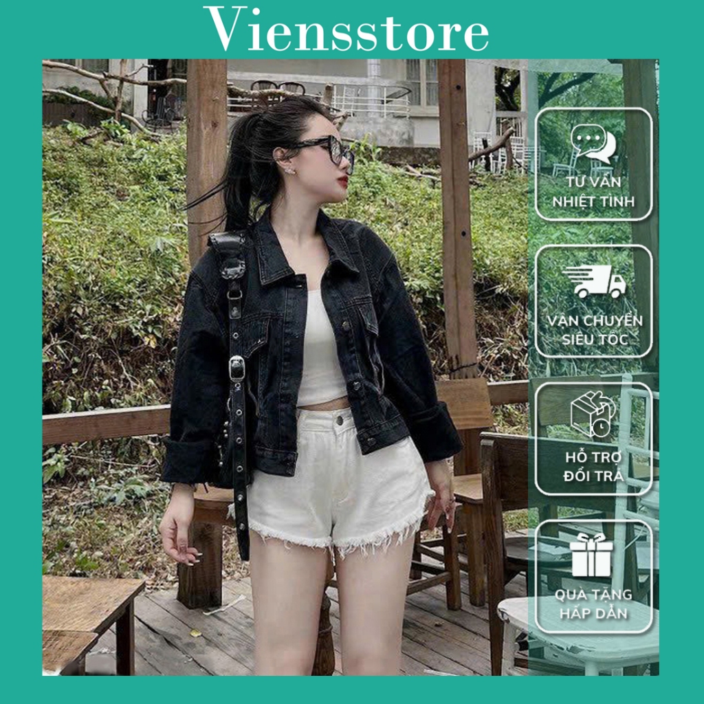 Áo khoác jean croptop tay dài, áo khoác nữ phối túi nắp cá tính VIENS STORE