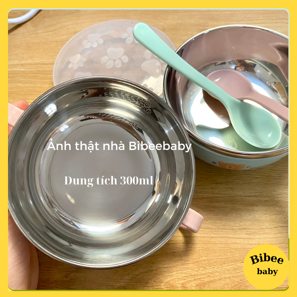 Bát ăn dặm inox  giữ nhiệt chống nóng 2 lớp  kèm nắp đậy, thìa cho bé - Bibeebaby