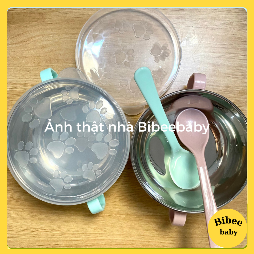 Bát ăn dặm inox  giữ nhiệt chống nóng 2 lớp  kèm nắp đậy, thìa cho bé - Bibeebaby