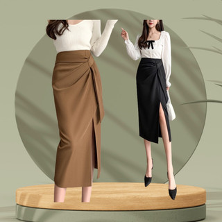 Váy xẻ tà có nếp gấp không đều phong cách retro, công sở