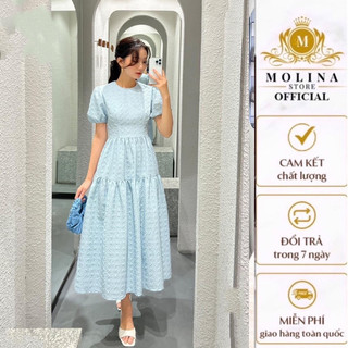 Đầm Xốp Gấm Hoa Ép Dáng Xòe Nhún Tầng Thiết Kế Molina Tay Bồng Điệu Đà Nữ Tính, Phú Hợp Dạo Phố Đi Biển