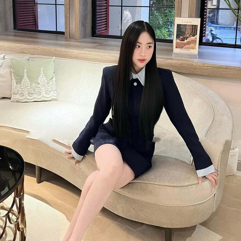 Set váy nữ, váy nữ, đầm nữ thun  PHỐI CỔ SEN CÓ ĐỆM VAI KHUY NGỌC CAO CẤP XANH THAN  MS190