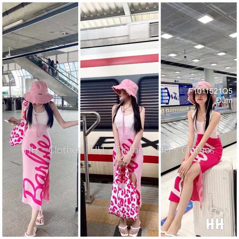 Đầm body len phối màu chữ barbie xẻ tà dáng dài hàng QC