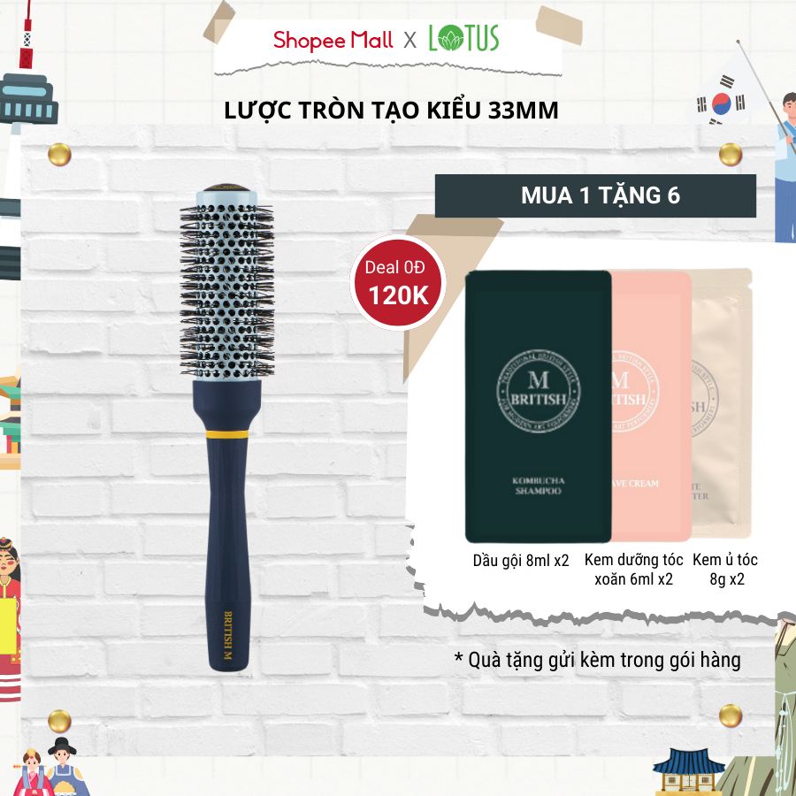 Lược tròn tạo kiểu tóc dành cho tóc ngắn BRITISH M Hot Curling Ceramic Brush 33mm