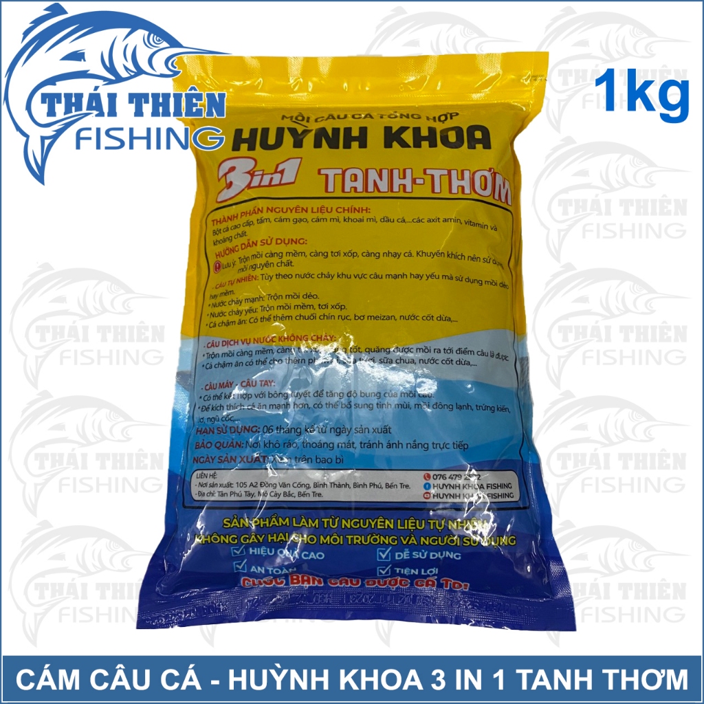 Cám Huỳnh Khoa 3 In 1 Tanh Thơm Gói 1kg Dùng Cần Tay, Máy Câu Cá Tự Nhiên, Dịch Vụ