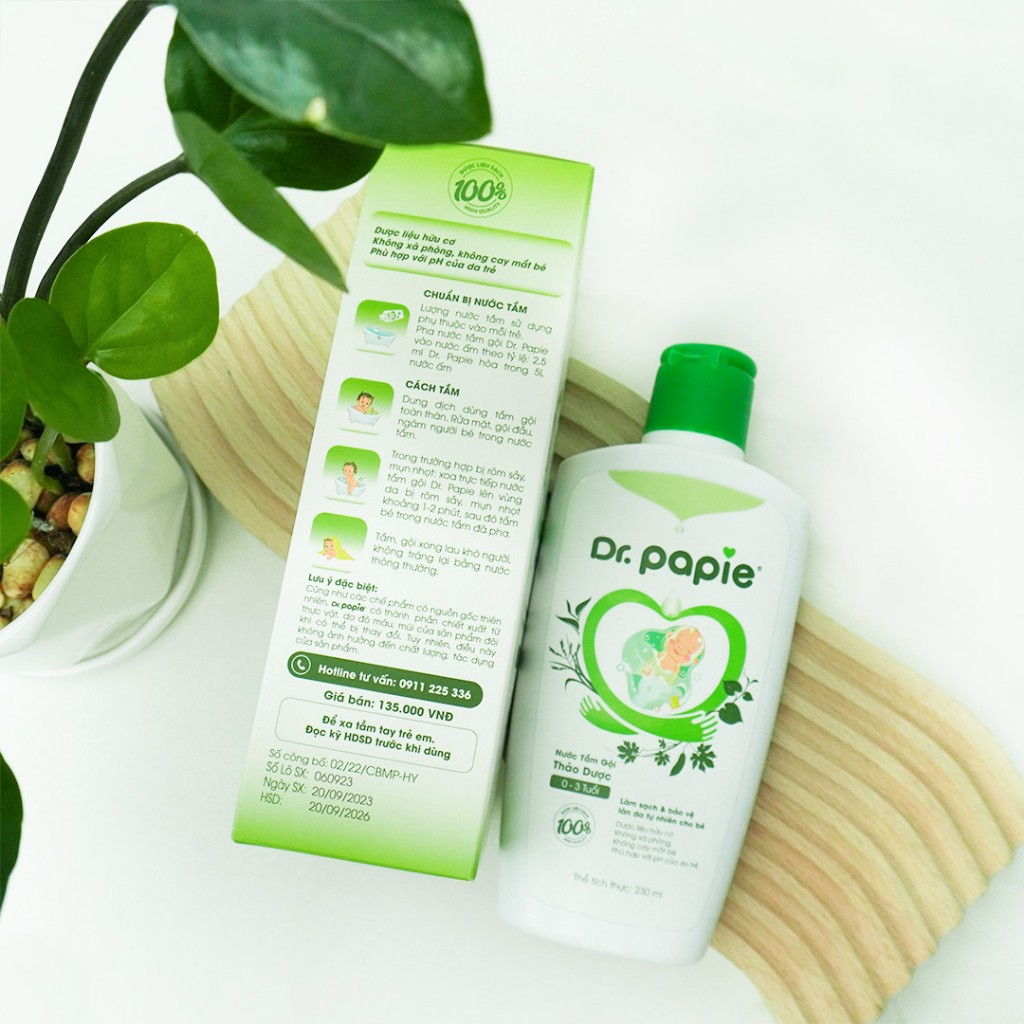 Nước tắm gội thảo dược thiên nhiên Dr.Papie - chống rôm sảy, cảm cúm, bệnh về da, an toàn cho bé sơ sinh
