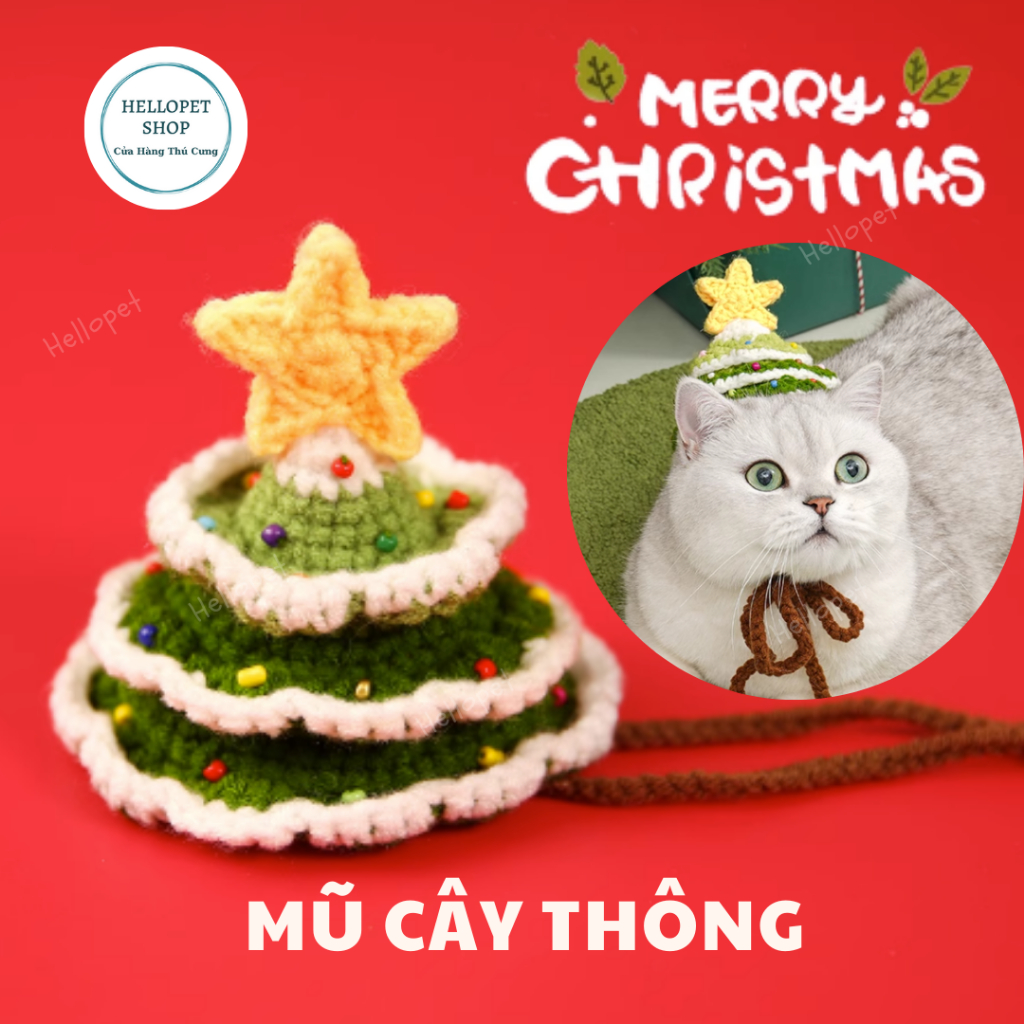 Mũ len cho chó mèo Cây thông giáng sinh dễ thương, Mũ giáng sinh cho thú cưng, Phụ kiện chó mèo đan len nhiều size
