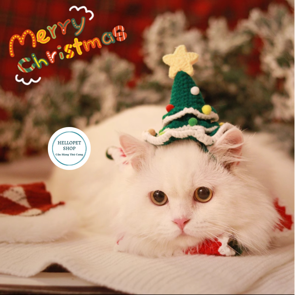 Mũ len cho chó mèo Cây thông giáng sinh dễ thương, Mũ giáng sinh cho thú cưng, Phụ kiện chó mèo đan len nhiều size