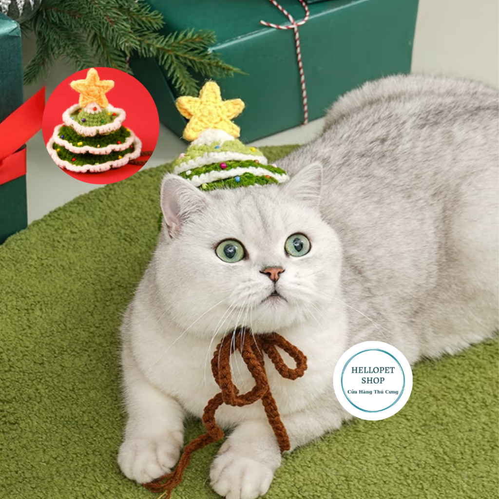 Mũ len cho chó mèo Cây thông giáng sinh dễ thương, Mũ giáng sinh cho thú cưng, Phụ kiện chó mèo đan len nhiều size
