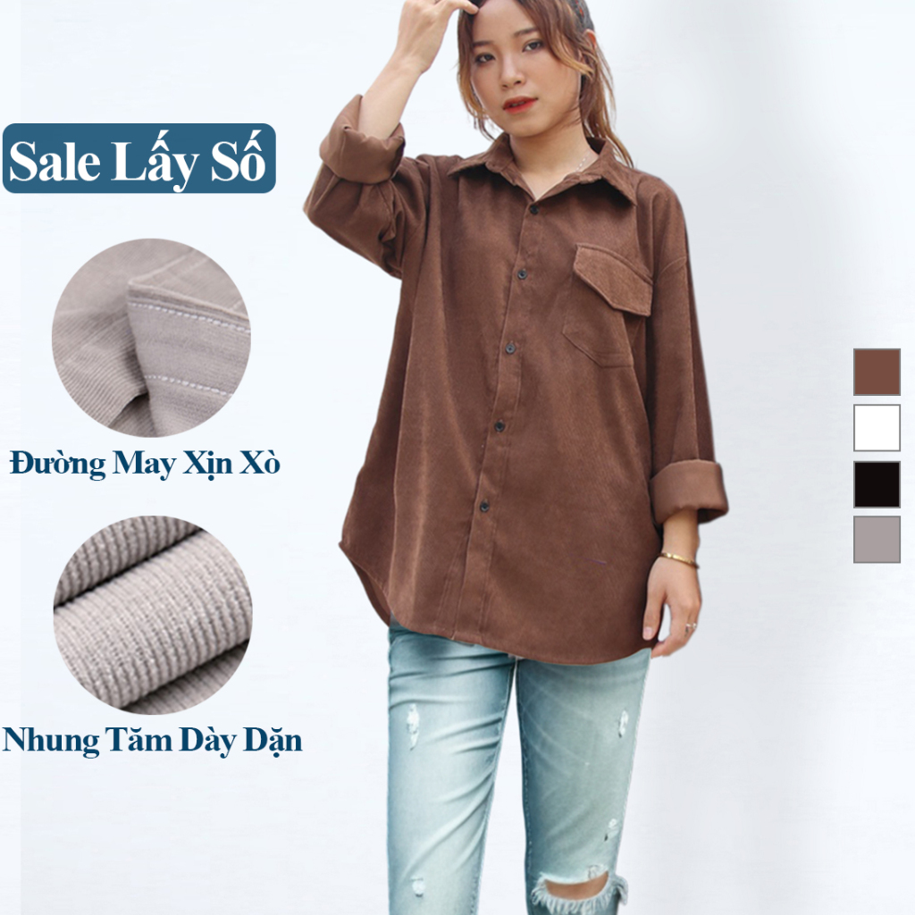 Áo Sơ Mi Nữ Nhung Tăm Tay Dài Dáng Rộng, Sơ Mi Nữ Nhung Tăm Tay Dài Form Rộng Phong Cách Hàn Quốc Xốp Madela