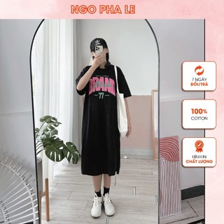Đầm rộng bigsize | đầm bầu thun cotton suông in graphic chữ brand hồng