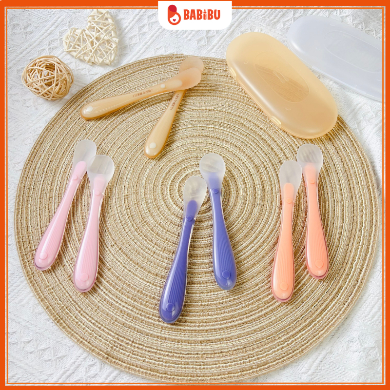 Set 2 Thìa Ăn Dặm Cho Bé Bọc Silicon Bảo Vệ Nướu kèm Hộp Đựng Babibu