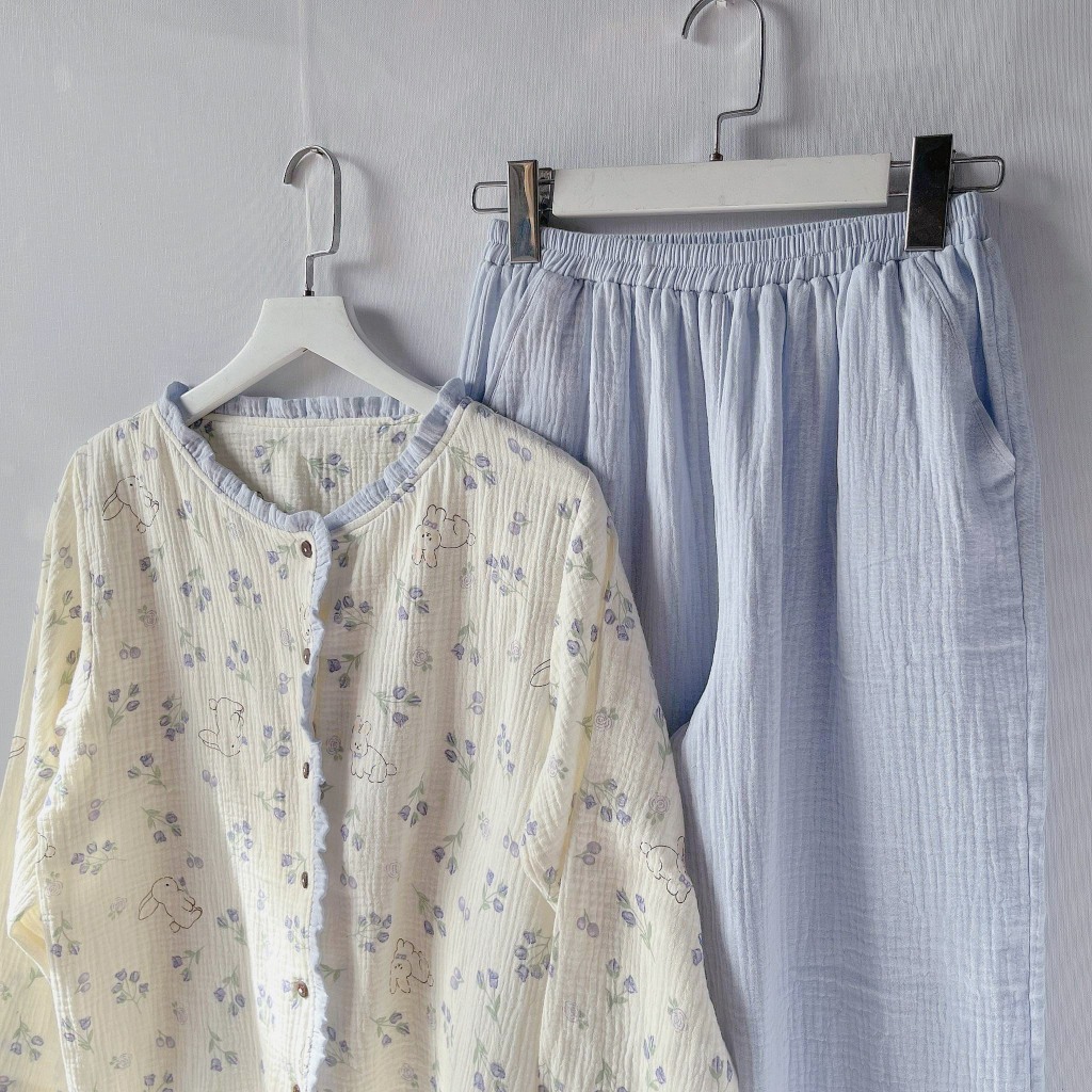 Đồ Ngủ Pijama, Đồ Bộ Nữ Mặc Nhà Xô Muslin Tay dài quần dài cổ tròn viền bèo họa tiết mới - Dreamer