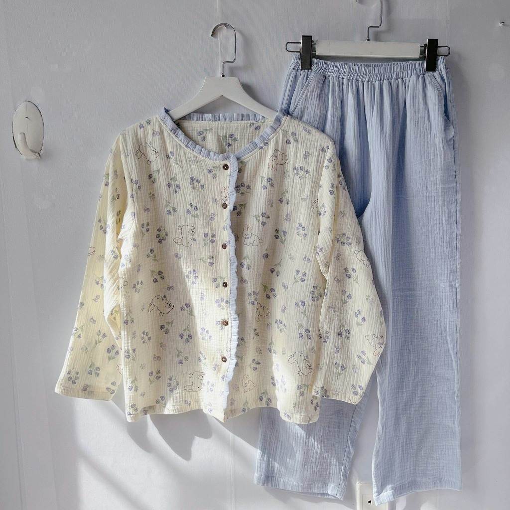 Đồ Ngủ Pijama, Đồ Bộ Nữ Mặc Nhà Xô Muslin Tay dài quần dài cổ tròn viền bèo họa tiết mới - Dreamer