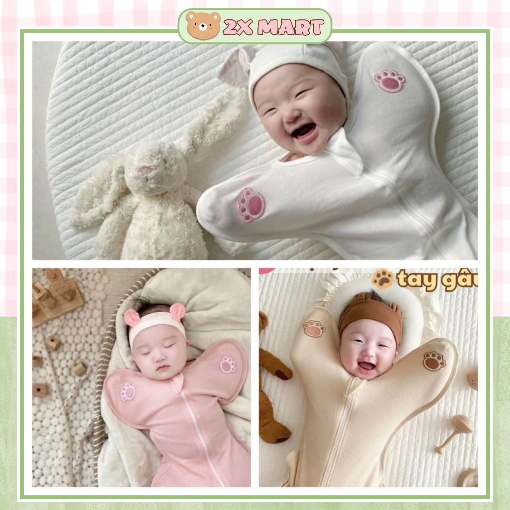 Nhộng chũn cho bé sơ sinh cotton vải pastel tay gấu dễ thương Hàn Quốc