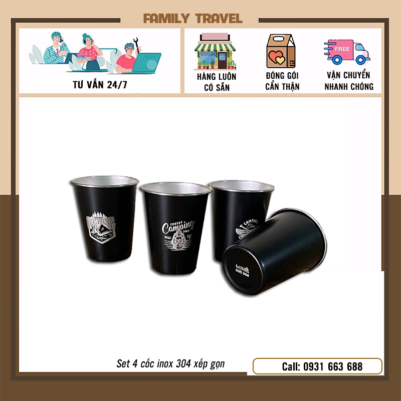 Bộ 4 cốc inox 304 in họa tiết dã ngoại siêu nhẹ kèm túi đựng - Set 4 ly uống nước có thể xếp chồng tiết kiệm diện tích