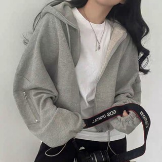 Áo khoác hoodie nỉ croptop dáng rộng rút dây phía dưới là điểm nhấn - N005 - Áo khoác thu đông nữ hoodie zip tay bồng