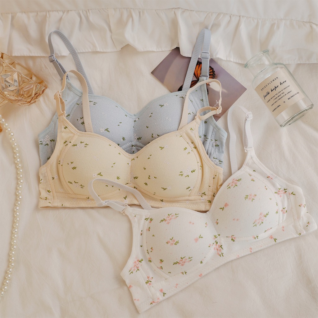 Áo ngực không gọng mút mỏng họa tiết hoa nhí dễ thương - Áo lót nữ cotton đũi 2 dây thoáng mát, 3 nấc cài SAVILL  A343