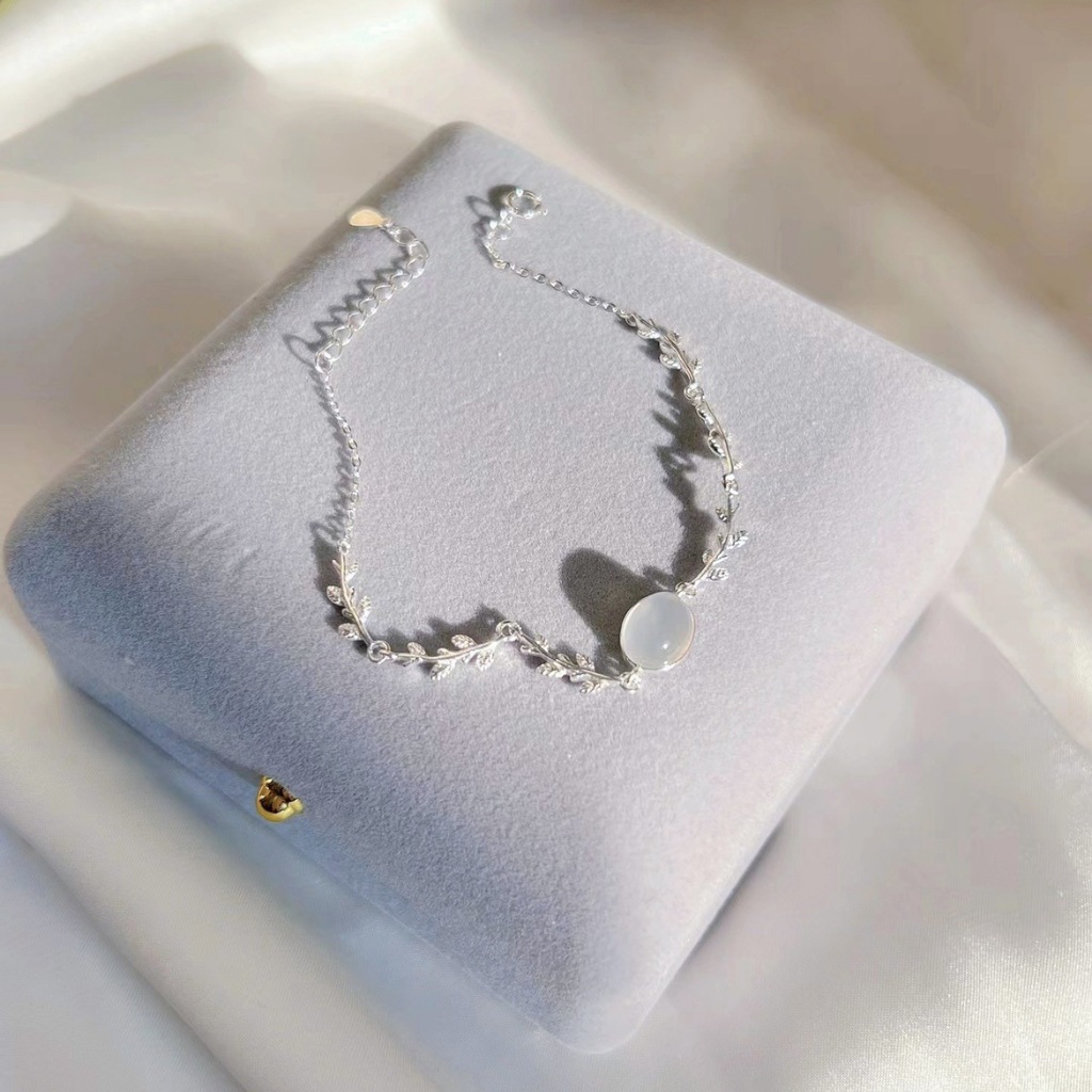 Lắc tay bạc nữ S925 họa tiết nhành lá mềm mại mix đá Moonstore LT2770 - Bảo Ngọc Jewelry