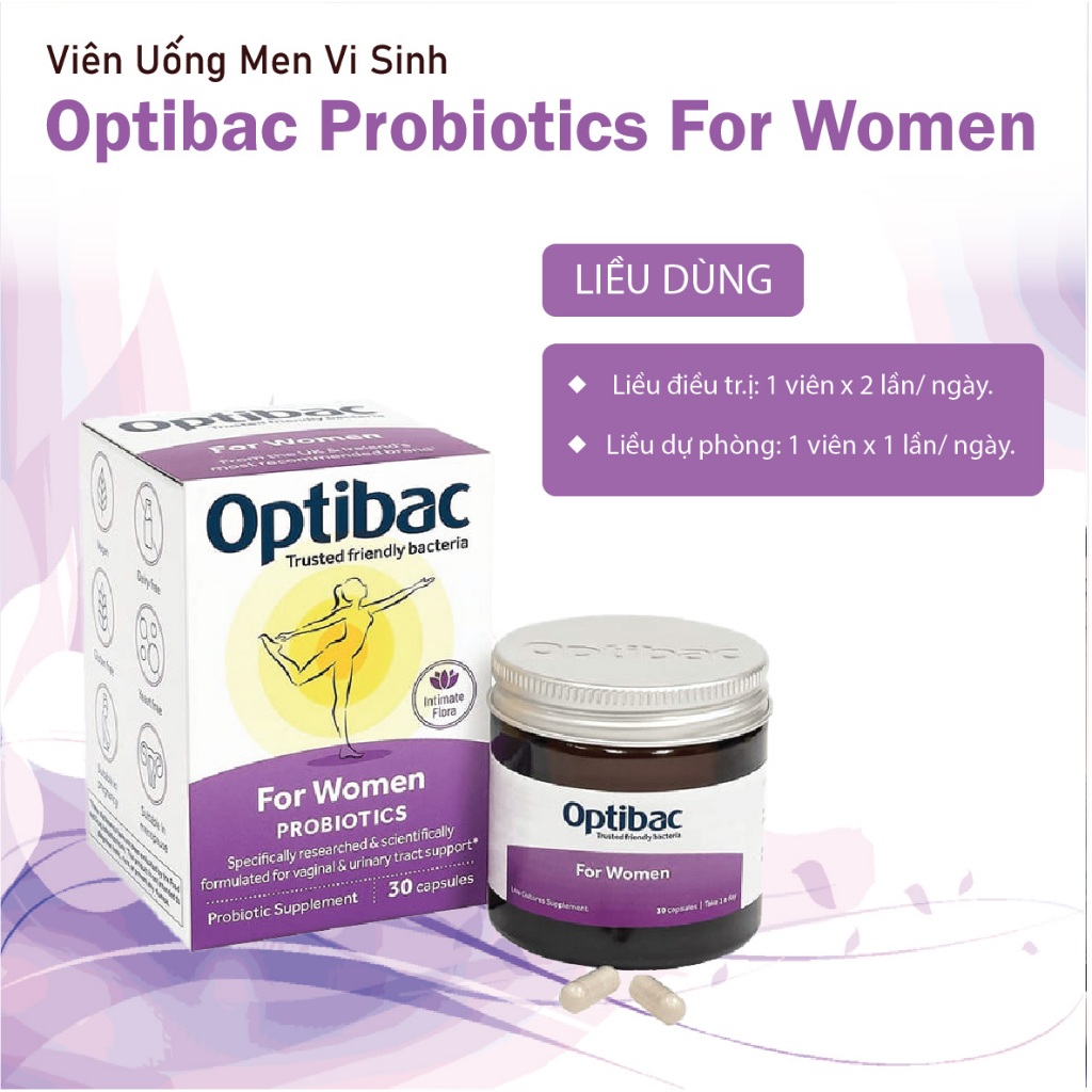 Men Vi Sinh Phụ Khoa Optibac tím For Women 30v bổ sung lợi khuẩn chăm sóc vùng kín, tăng cường sức đề kháng