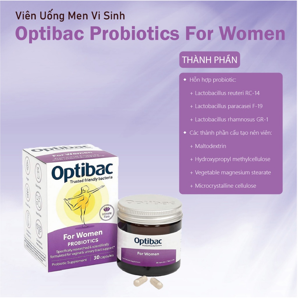 Men Vi Sinh Phụ Khoa Optibac tím (Optibac For Women) - Chăm Sóc Vùng Kín, Tăng Cường Sức Đề Kháng, Hộp 30 viên/90 viên