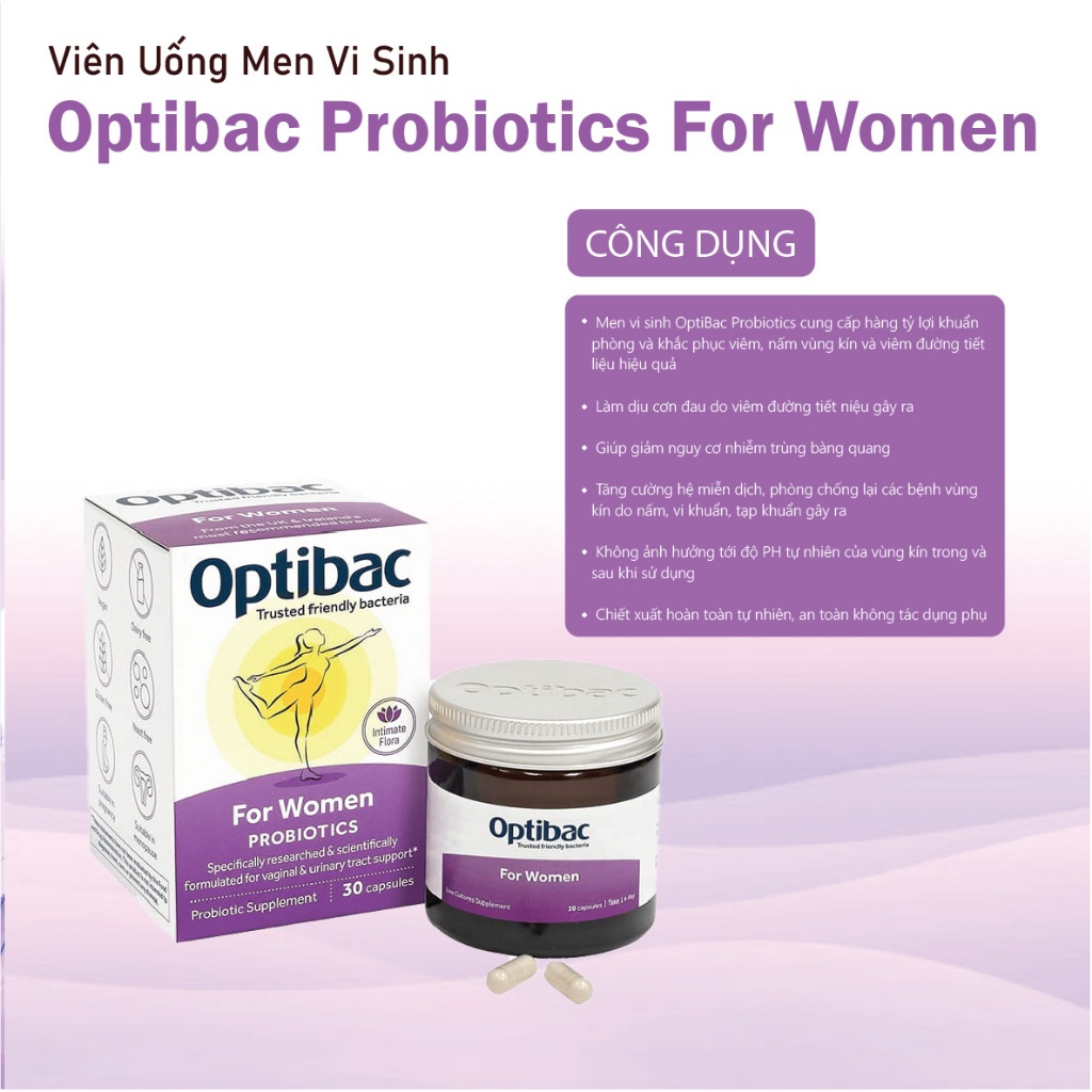 Men Vi Sinh Phụ Khoa Optibac tím (Optibac For Women) - Chăm Sóc Vùng Kín, Tăng Cường Sức Đề Kháng, Hộp 30 viên/90 viên