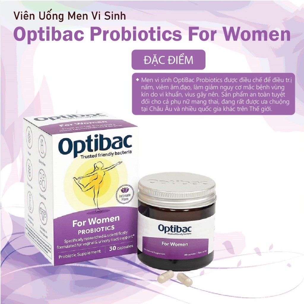 Men Vi Sinh Phụ Khoa Optibac tím (Optibac For Women) - Chăm Sóc Vùng Kín, Tăng Cường Sức Đề Kháng, Hộp 30 viên/90 viên