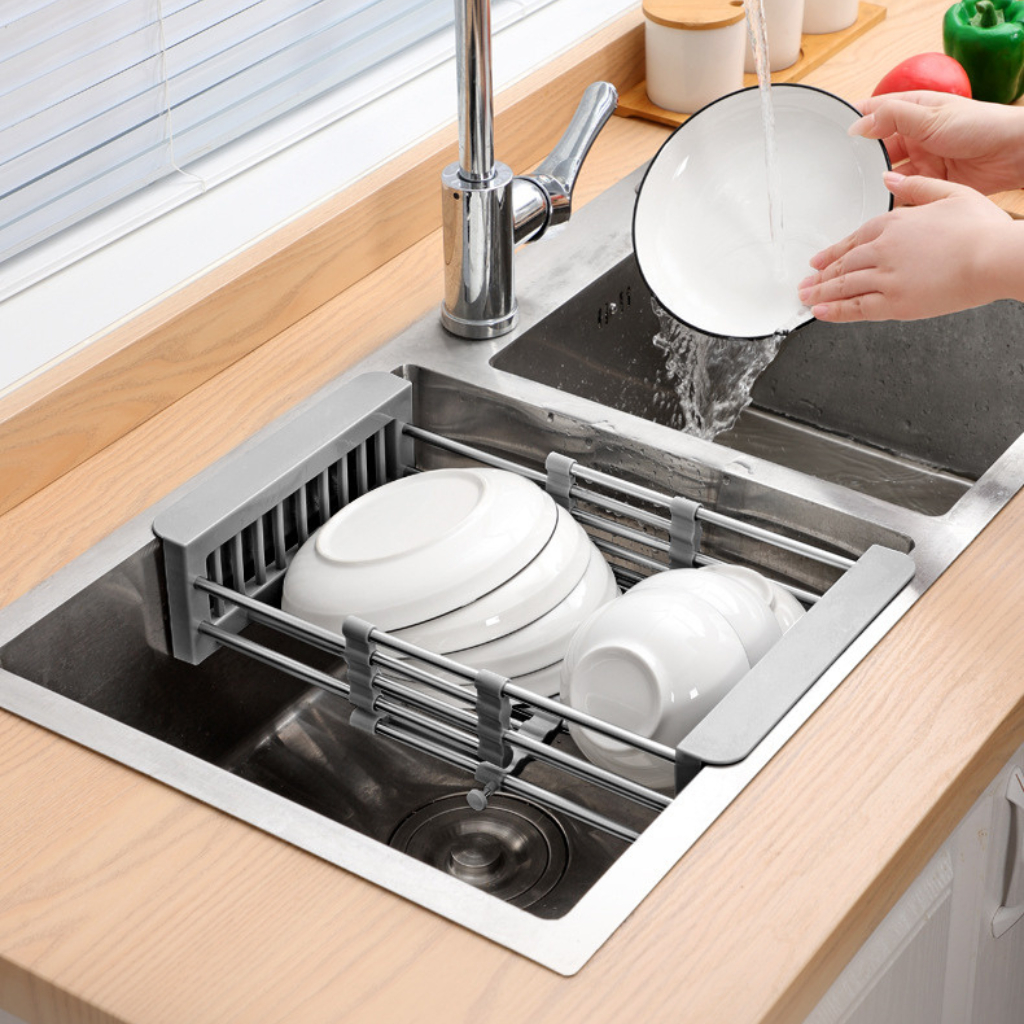 Kệ giá rổ inox gác chậu rửa chén bát kéo rút gấp gọn đa năng phơi ráo bát đĩa, rau củ v.v .. HÀNG LOẠI DÀY - GD021