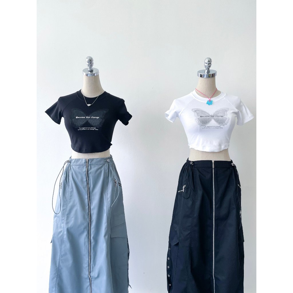 Áo croptop thun lạnh Butterfly, Áo thun croptop tay ngắn cổ tròn in hoạ tiết | Puss Top | Secodee