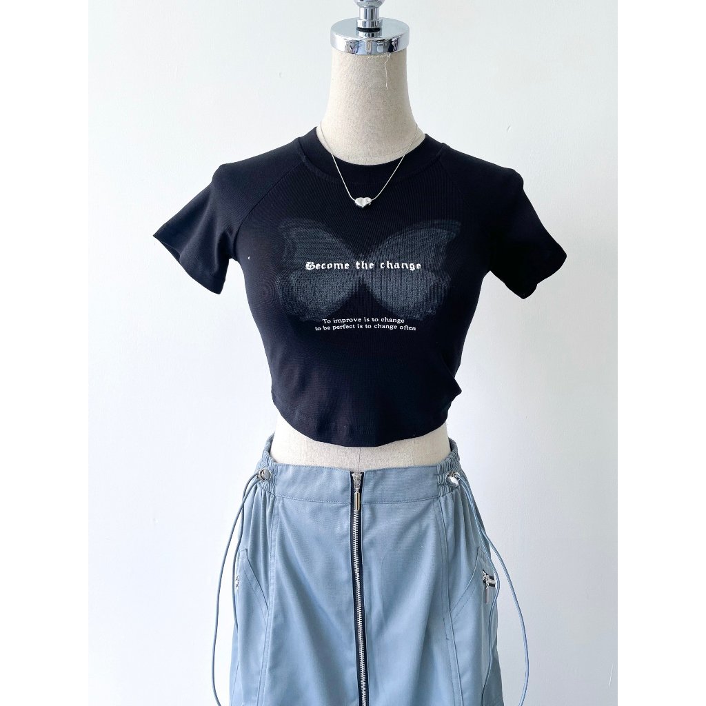 Áo croptop thun lạnh Butterfly, Áo thun croptop tay ngắn cổ tròn in hoạ tiết | Puss Top | Secodee