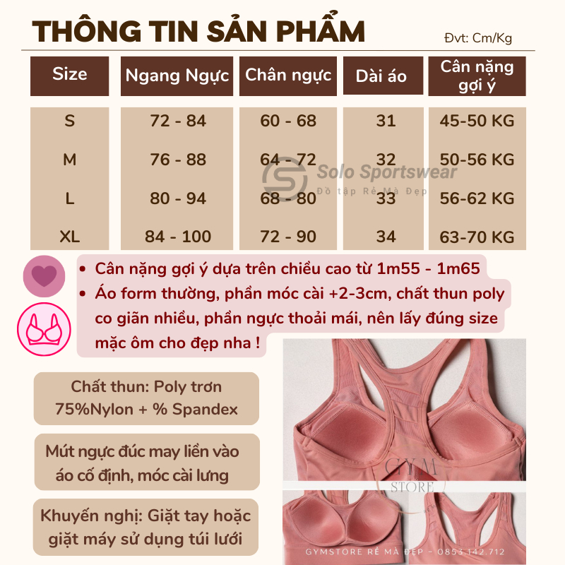Áo Tập Gym Yoga Bra Thể Thao Nữ Croptop MÚT ĐÚC Móc Cài Thun Poly Mềm Mại Thoáng Mát Tôn Dáng Solo Sportswear 6025