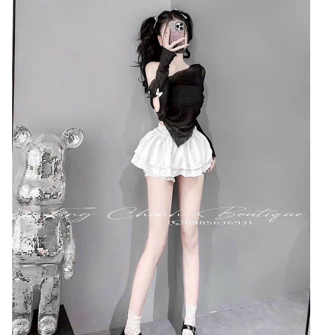 Set Áo Thun Lệch Vai Vạt Nhọn Tay Dài Xẻ Tay Nơ + Chân Váy 2 Tầng Lưng Chun