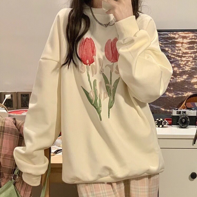 Áo Sweater Tuylip Chất Nỉ Bông , Áo Cổ Tròn Màu Kem In Hoa Tuylip Siêu Dễ Phối Đồ MS10