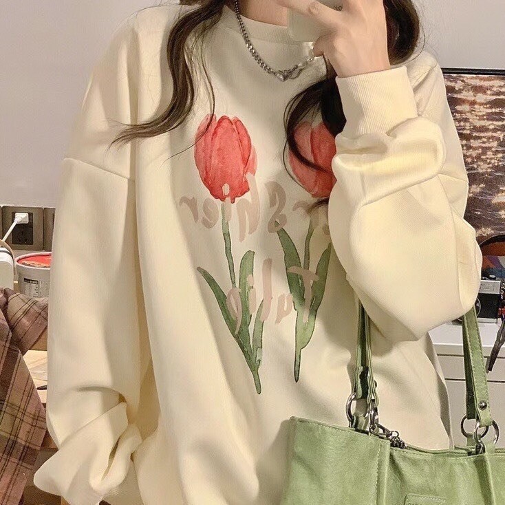 Áo Sweater Tuylip Chất Nỉ Bông , Áo Cổ Tròn Màu Kem In Hoa Tuylip Siêu Dễ Phối Đồ MS10