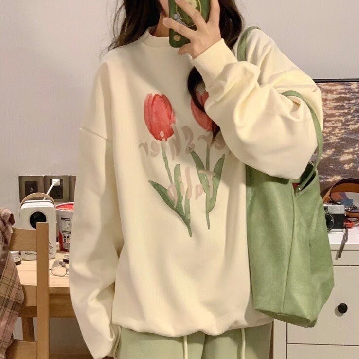 Áo Sweater Tuylip Chất Nỉ Bông , Áo Cổ Tròn Màu Kem In Hoa Tuylip Siêu Dễ Phối Đồ MS10