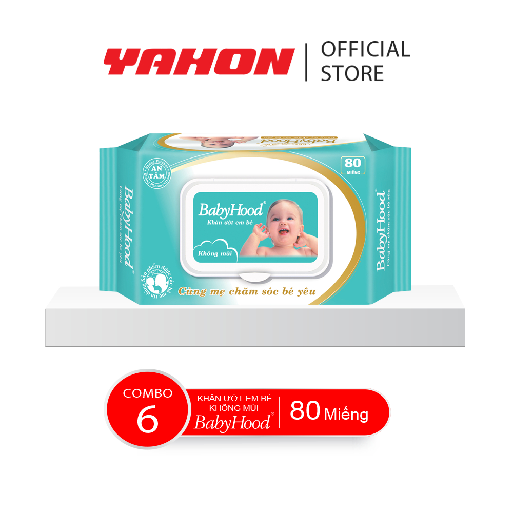 Combo 6 Bao Khăn Ướt Em Bé BABYHOOD Không Mùi, 80 Miếng/Bao